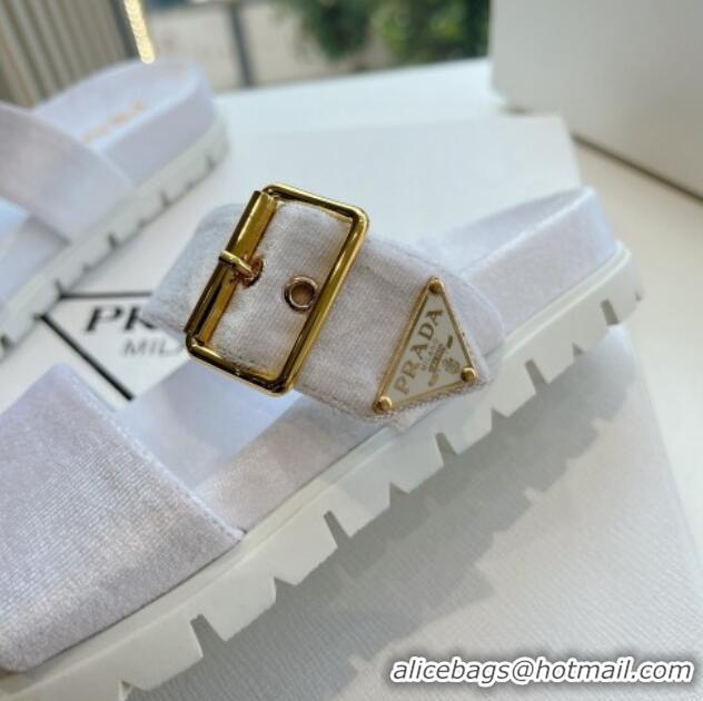 Duplicate Prada Velvet Flat Slides Sandal with Buckle White 611100