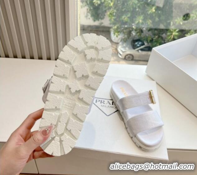 Duplicate Prada Velvet Flat Slides Sandal with Buckle White 611100