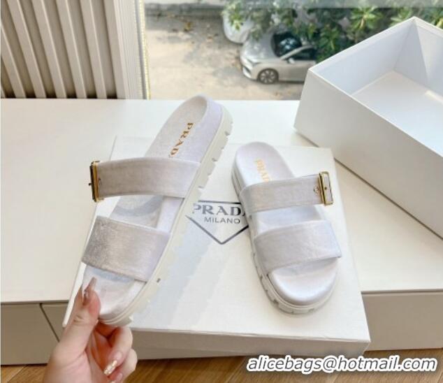 Duplicate Prada Velvet Flat Slides Sandal with Buckle White 611100