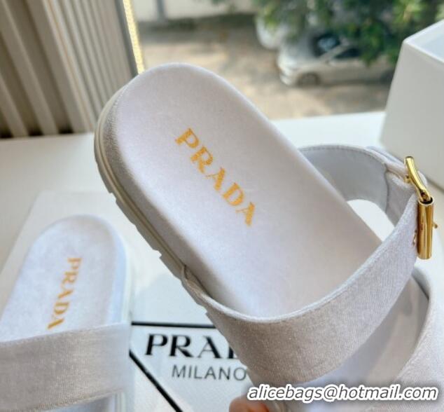 Duplicate Prada Velvet Flat Slides Sandal with Buckle White 611100