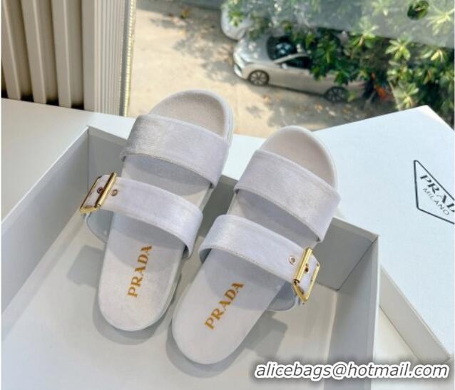 Duplicate Prada Velvet Flat Slides Sandal with Buckle White 611100