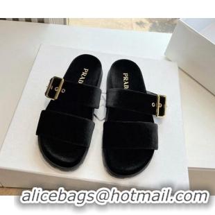 Top Design Prada Velvet Flat Slides Sandal with Buckle Black 611101