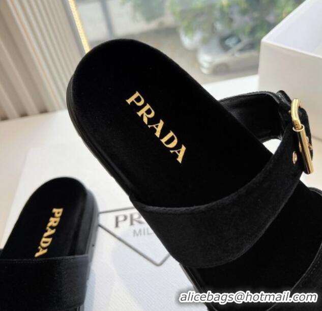 Top Design Prada Velvet Flat Slides Sandal with Buckle Black 611101