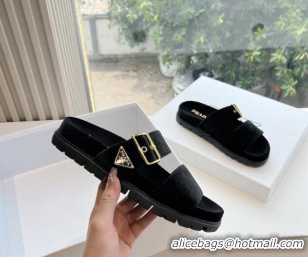 Top Design Prada Velvet Flat Slides Sandal with Buckle Black 611101