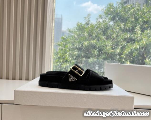 Top Design Prada Velvet Flat Slides Sandal with Buckle Black 611101