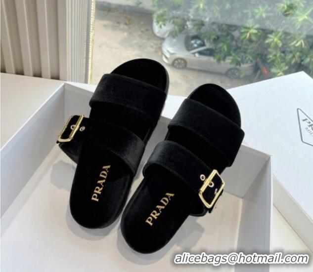 Top Design Prada Velvet Flat Slides Sandal with Buckle Black 611101