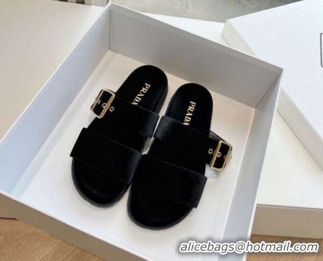 Top Design Prada Velvet Flat Slides Sandal with Buckle Black 611101