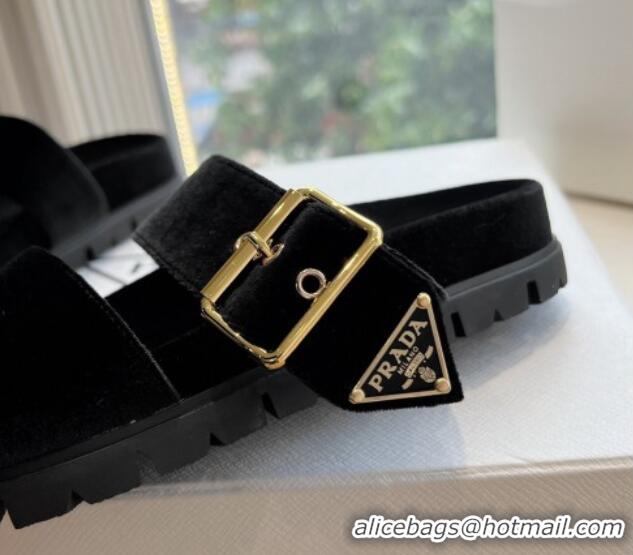 Top Design Prada Velvet Flat Slides Sandal with Buckle Black 611101