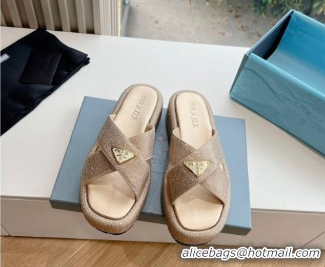 Best Product Prada Strass Platform Slides Sandal with Cross Strap Gold 611102