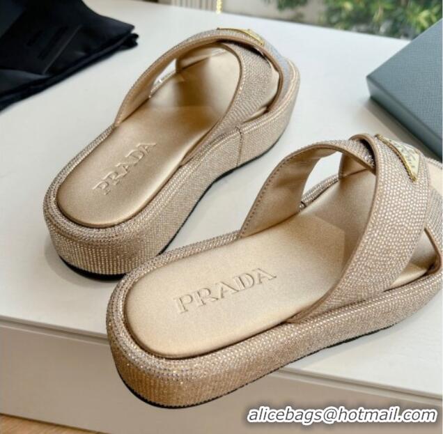 Best Product Prada Strass Platform Slides Sandal with Cross Strap Gold 611102