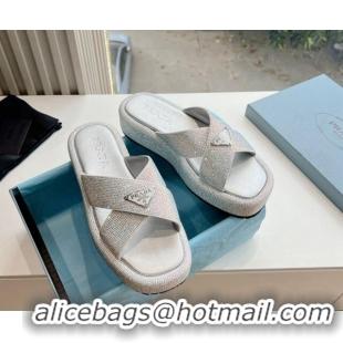 Shop Duplicate Prada Strass Platform Slides Sandal with Cross Strap Silver 611103