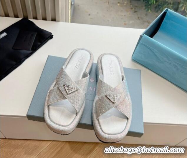 Shop Duplicate Prada Strass Platform Slides Sandal with Cross Strap Silver 611103