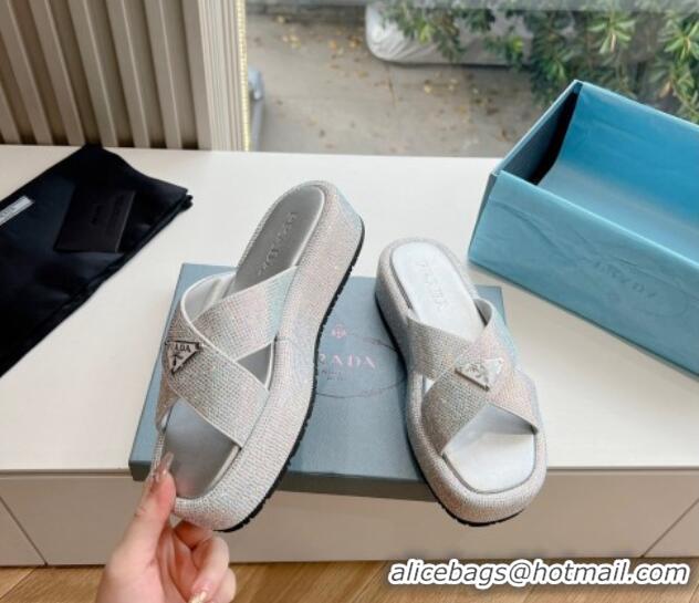 Shop Duplicate Prada Strass Platform Slides Sandal with Cross Strap Silver 611103