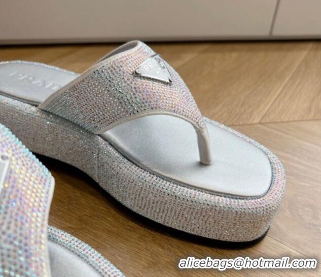 Shop Duplicate Prada Strass Platform Thong Slides Sandal Silver 611105