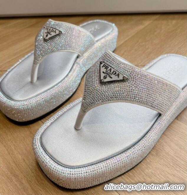 Shop Duplicate Prada Strass Platform Thong Slides Sandal Silver 611105