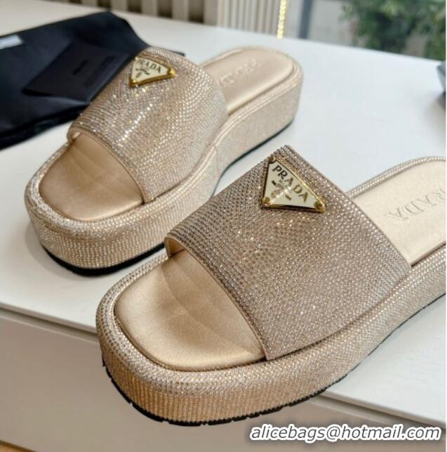 Popular Style Prada Strass Platform Slides Sandal with Wide Strap Gold 611106