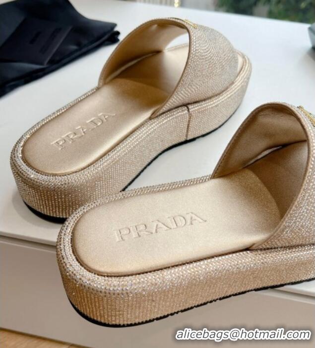 Popular Style Prada Strass Platform Slides Sandal with Wide Strap Gold 611106