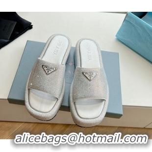 Sumptuous Prada Strass Platform Slides Sandal with Wide Strap Silver 611107