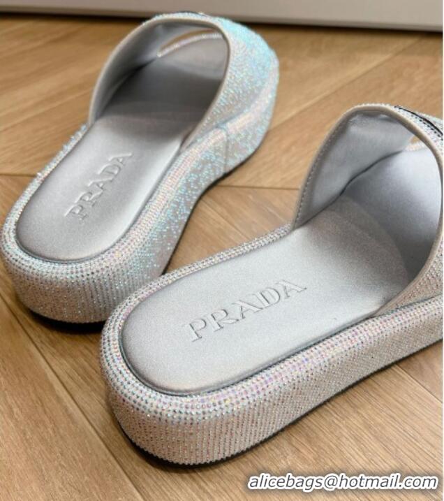 Sumptuous Prada Strass Platform Slides Sandal with Wide Strap Silver 611107