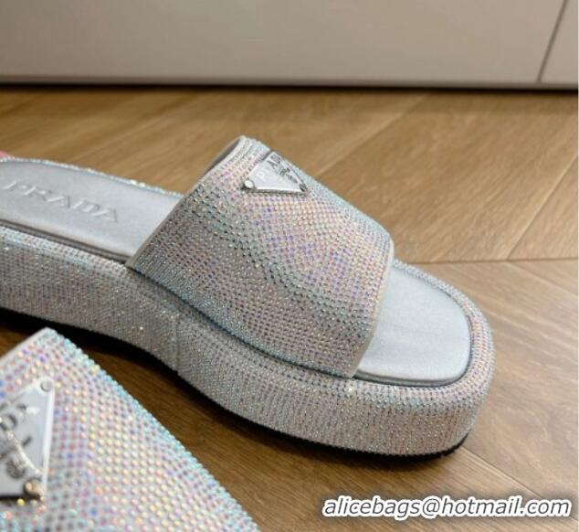 Sumptuous Prada Strass Platform Slides Sandal with Wide Strap Silver 611107