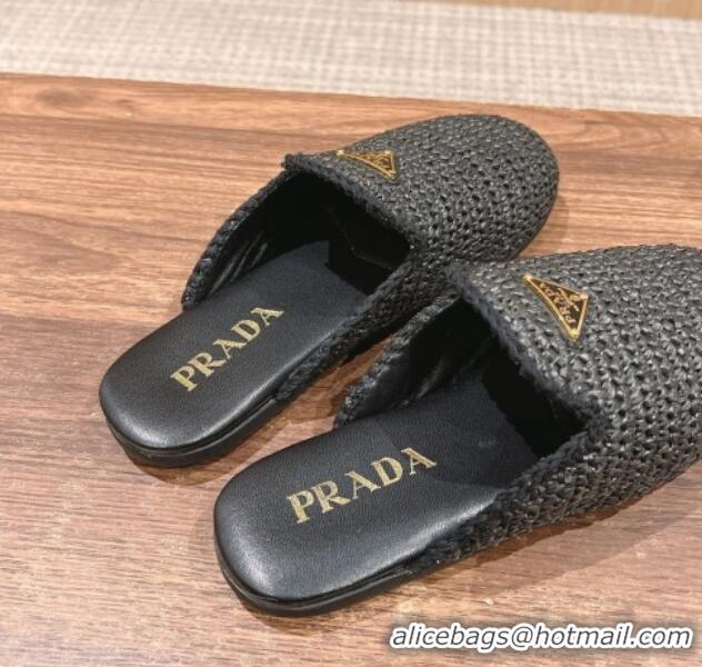 Charming Prada Crochet Raffia Straw Flat Mules Black 611108