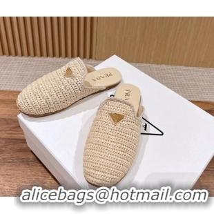 Fashion Luxury Prada Crochet Raffia Straw Flat Mules Beige 611109