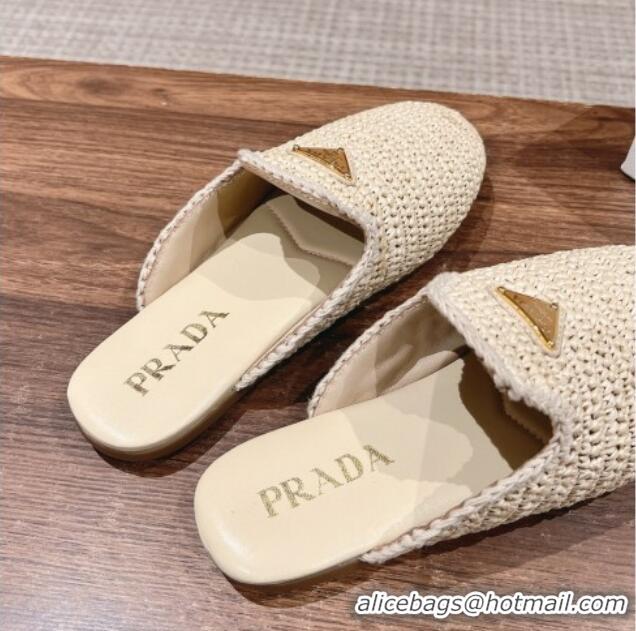 Fashion Luxury Prada Crochet Raffia Straw Flat Mules Beige 611109