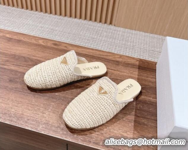 Fashion Luxury Prada Crochet Raffia Straw Flat Mules Beige 611109