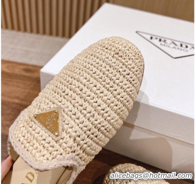 Fashion Luxury Prada Crochet Raffia Straw Flat Mules Beige 611109