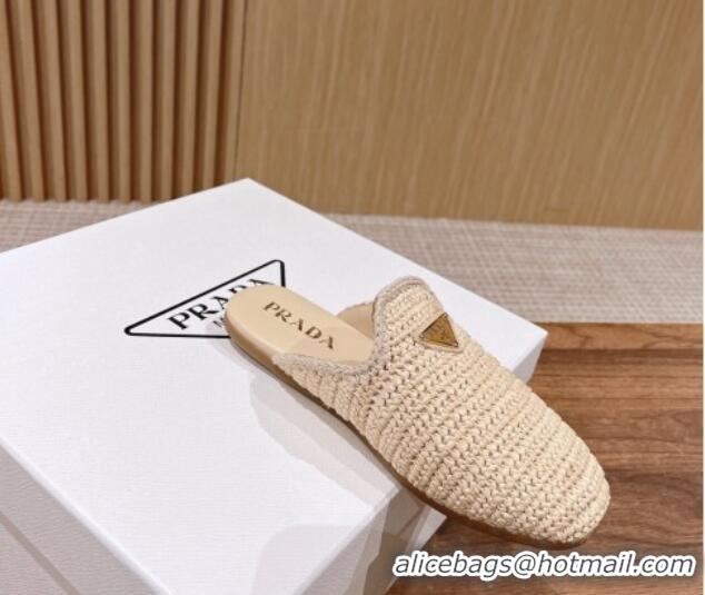 Fashion Luxury Prada Crochet Raffia Straw Flat Mules Beige 611109