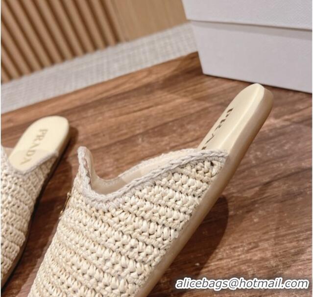 Fashion Luxury Prada Crochet Raffia Straw Flat Mules Beige 611109