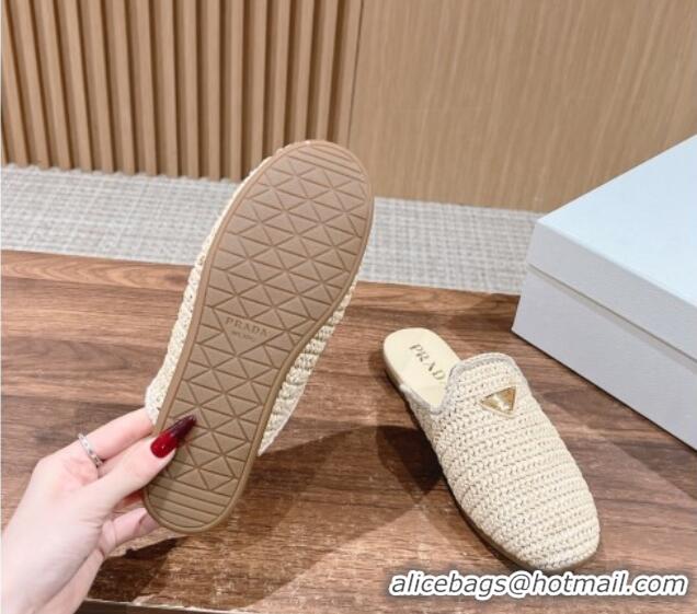 Fashion Luxury Prada Crochet Raffia Straw Flat Mules Beige 611109