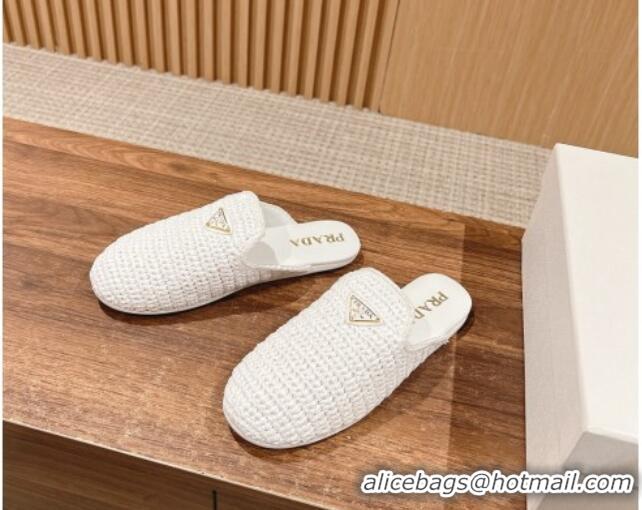 Fashion Prada Crochet Raffia Straw Flat Mules White 611110