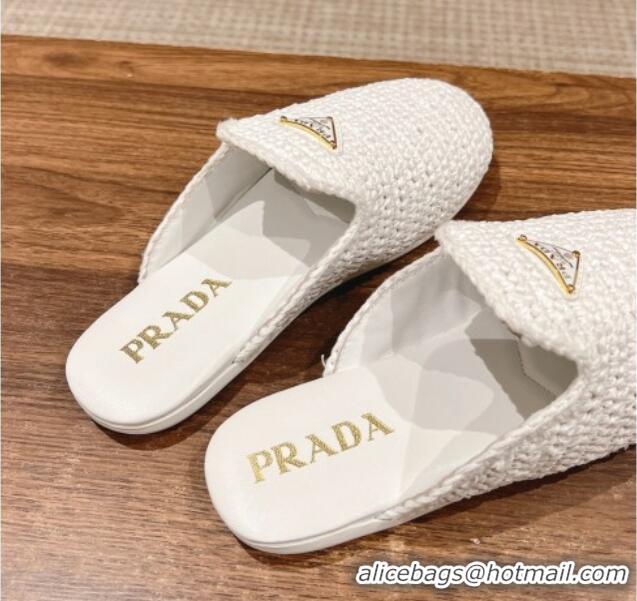 Fashion Prada Crochet Raffia Straw Flat Mules White 611110