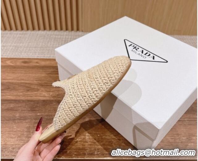 Trendy Design Prada Crochet Raffia Straw Flat Mules Beige 611112