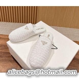 Sophisticated Prada Crochet Raffia Straw Flat Mules White 611113