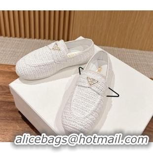 Stylish Prada Crochet Raffia Straw Flat Loafers White 611114