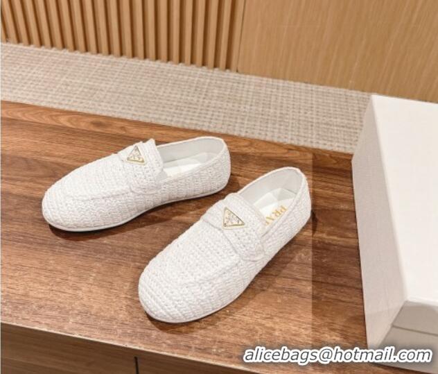 Stylish Prada Crochet Raffia Straw Flat Loafers White 611114