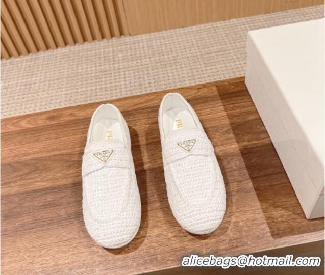 Stylish Prada Crochet Raffia Straw Flat Loafers White 611114