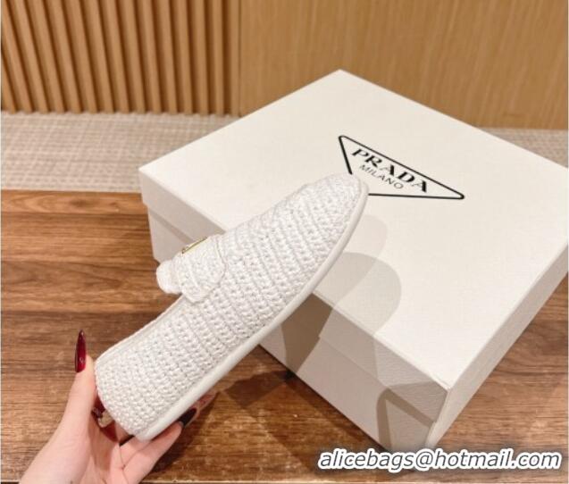 Stylish Prada Crochet Raffia Straw Flat Loafers White 611114