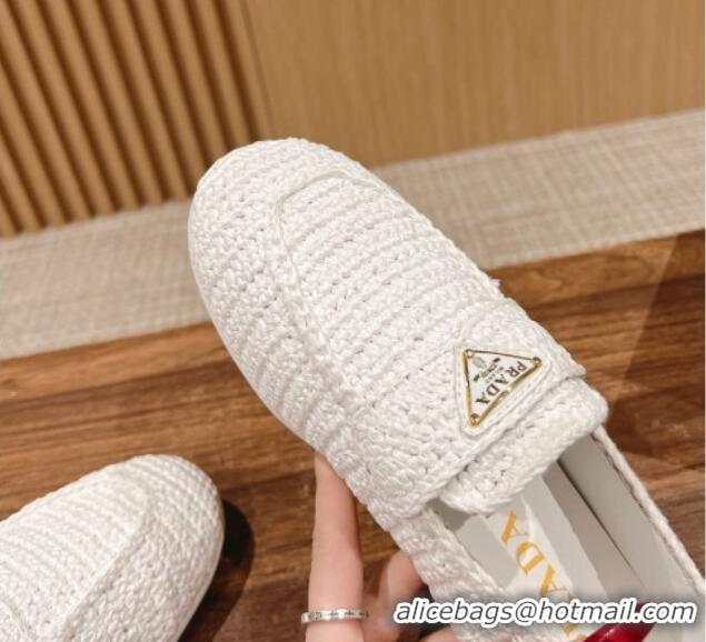 Stylish Prada Crochet Raffia Straw Flat Loafers White 611114