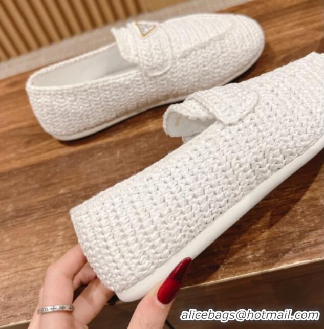 Stylish Prada Crochet Raffia Straw Flat Loafers White 611114