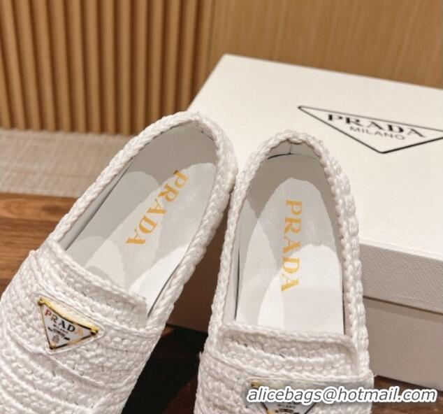 Stylish Prada Crochet Raffia Straw Flat Loafers White 611114