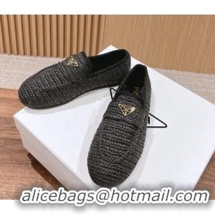 Sumptuous Prada Crochet Raffia Straw Flat Loafers Black 611115