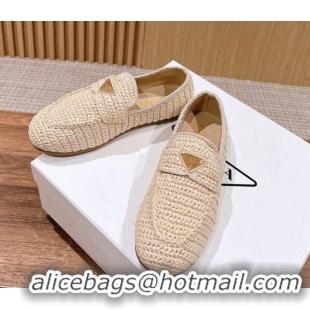 Purchase Prada Crochet Raffia Straw Flat Loafers Beige 611116