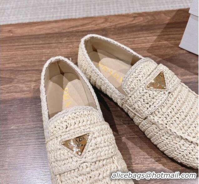 Purchase Prada Crochet Raffia Straw Flat Loafers Beige 611116