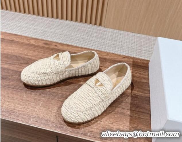 Purchase Prada Crochet Raffia Straw Flat Loafers Beige 611116