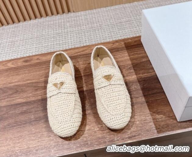 Purchase Prada Crochet Raffia Straw Flat Loafers Beige 611116