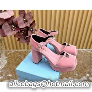 Good Quality Prada Velvet Platform Sandals 9.5cm Light Pink 611117