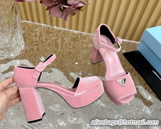 Good Quality Prada Velvet Platform Sandals 9.5cm Light Pink 611117